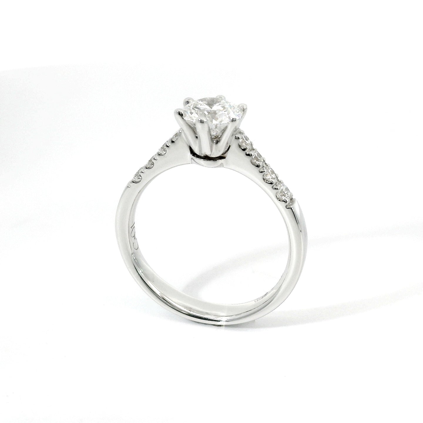 White gold solitaire with brilliant-cut lab-grown diamonds on the shank, 1.08 carats.