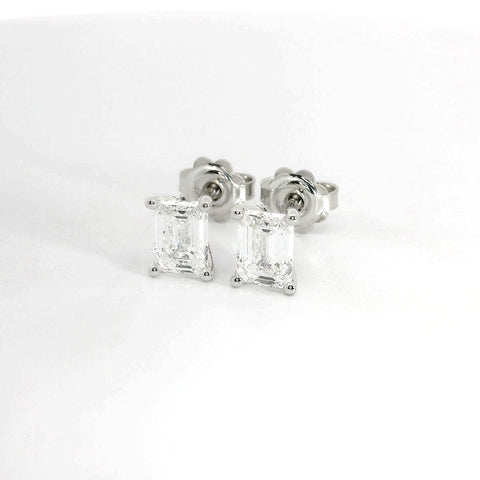 White gold stud earrings with emerald-cut lab-grown diamond, 2.07 carats.