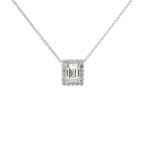 White gold choker with emerald-cut lab-grown diamond surrounded by 0.85 carats brilliant-cut lab-grown diamonds.