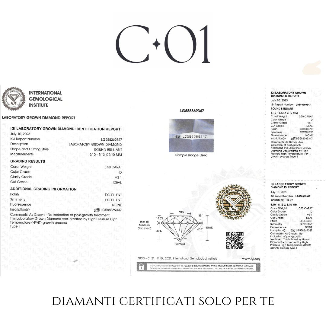 solitario in oro giallo con diamante lab-grown taglio brillante con bt sul castone, 0,55 carati