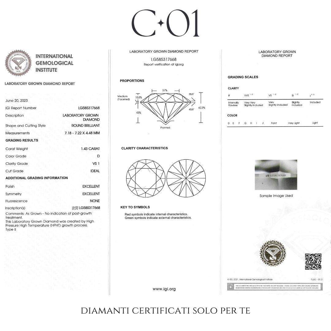 Solitario Aurea in oro giallo con diamante lab-grown taglio brillante, 1,43 carati.
