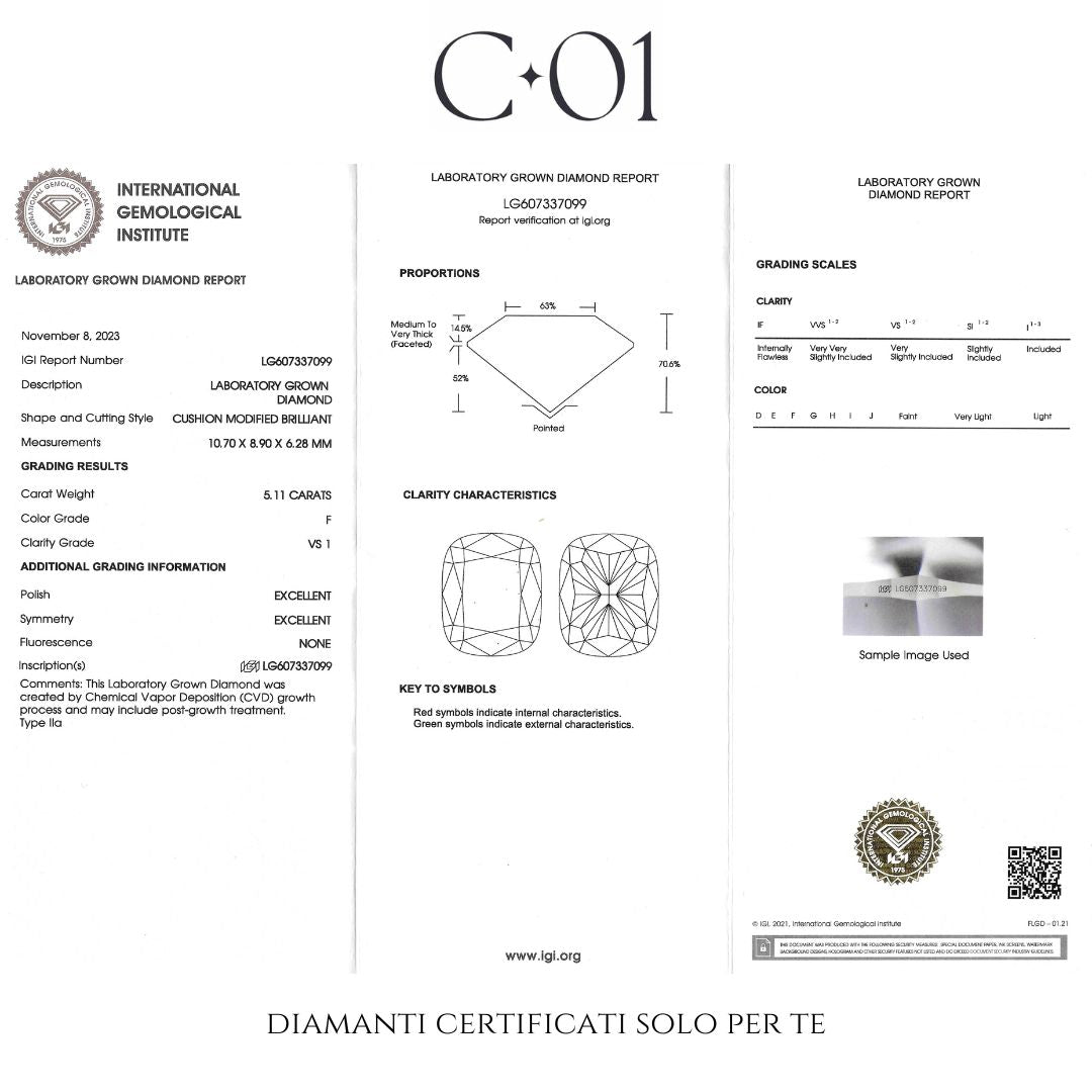 Solitario in oro bianco con diamante lab-grown taglio cuscino, 5,11 carati.