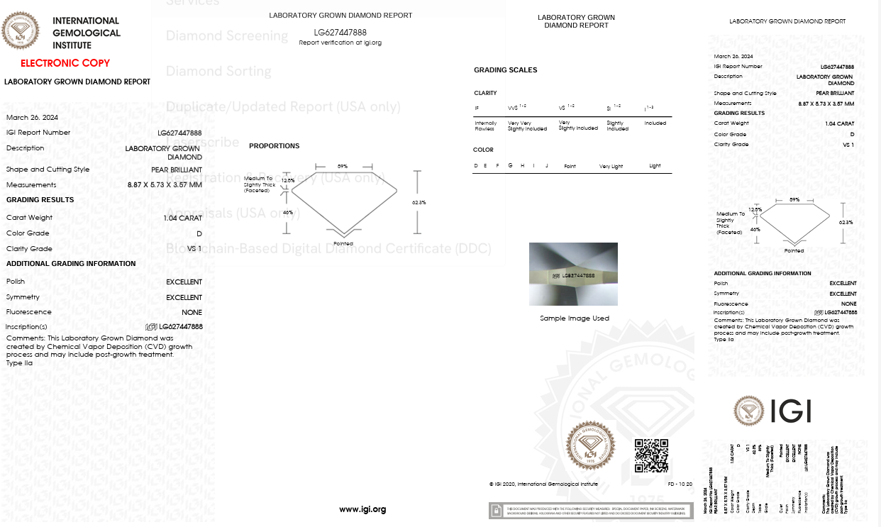 Solitario in oro giallo con diamante Lab-Grown taglio goccia, 1,04 carati.