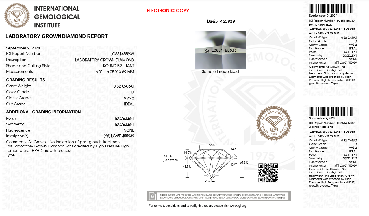 Solitario in oro bianco con diamante Lab-Grown taglio brillante, 0,82 carati.