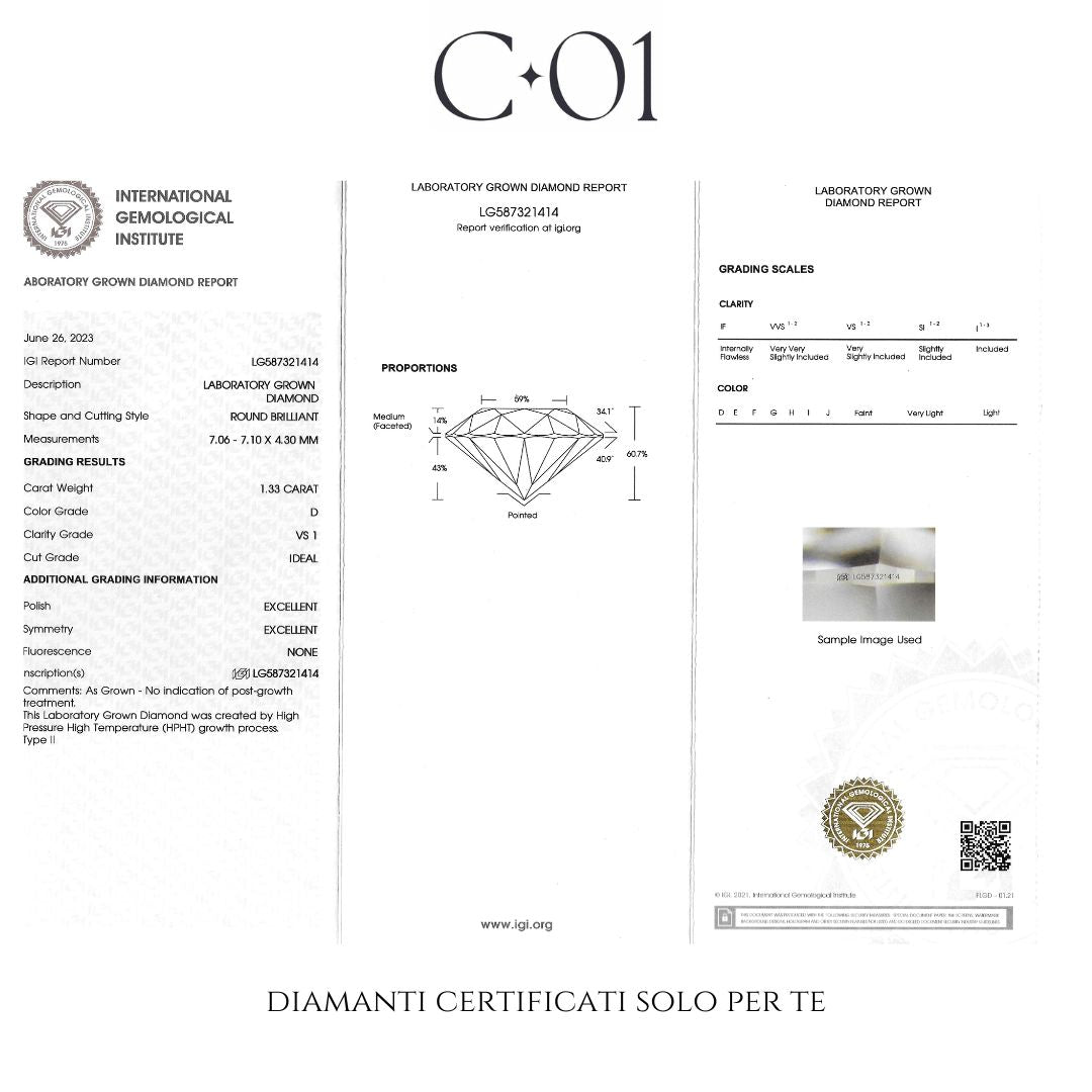 Solitario in oro bianco con diamante lab-grown taglio brillante, 1,33 carati.