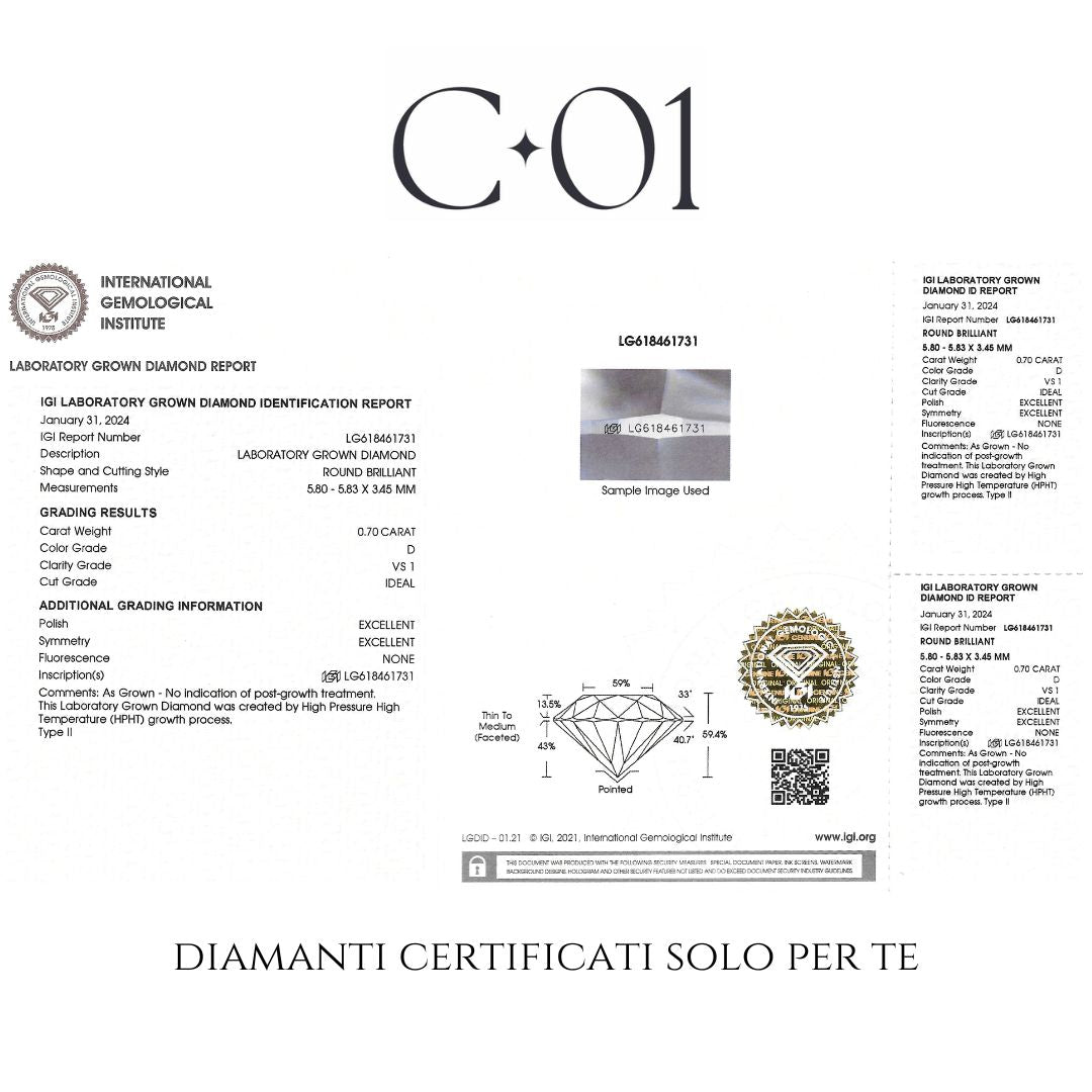 Orecchini punto luce in oro bianco con diamanti lab-grown taglio brillante, 1,40 carati.