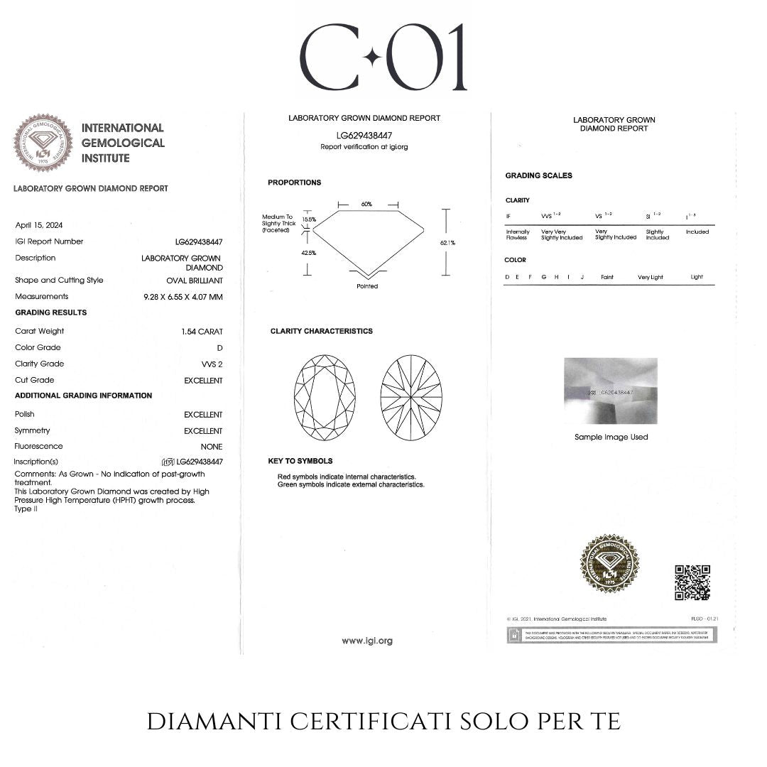 Solitario in oro bianco con diamante lab-grown taglio ovale, 1,54 carati.