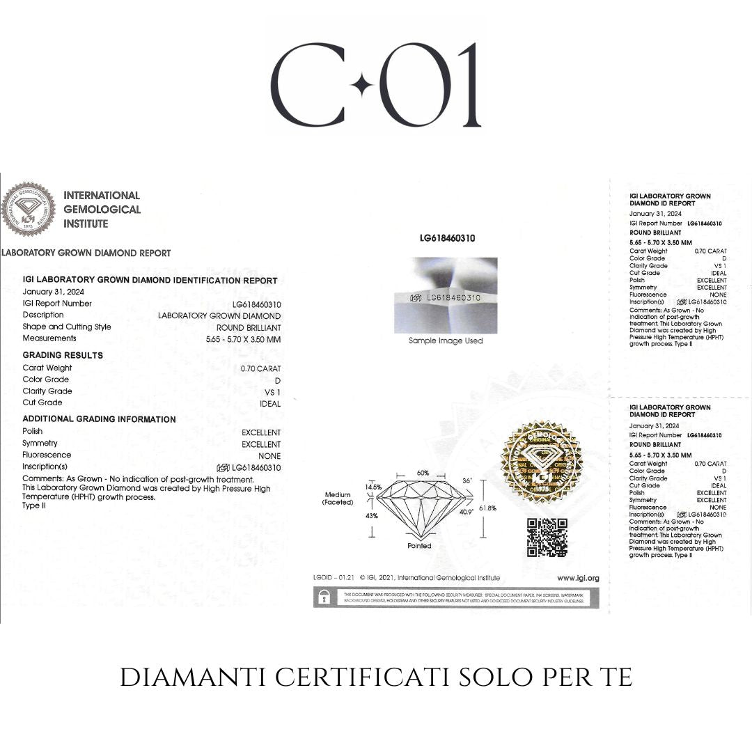 Trilogy in oro bianco con diamante centrale lab-grown taglio brillante e 2 diamanti lab-grown a goccia sul gambo, 1,02 carati.