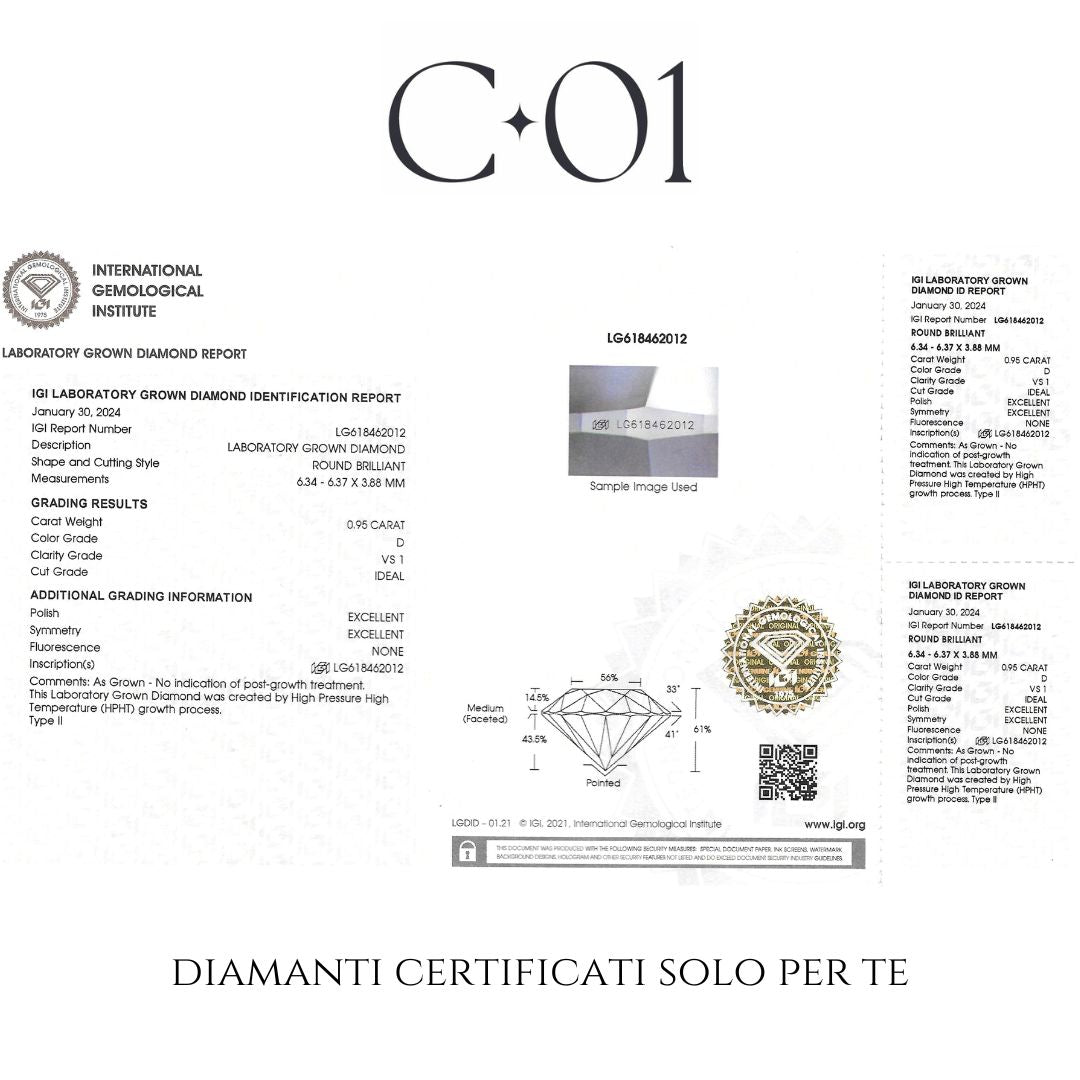 Solitario in oro bianco con diamanti lab-grown taglio brillante sul gambo, 1,03 carati.