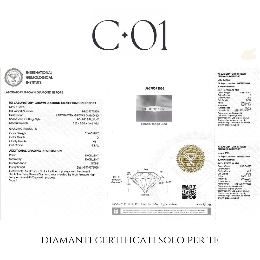 Solitario in oro giallo con diamante lab-grown taglio brillante, 0,68 carati.