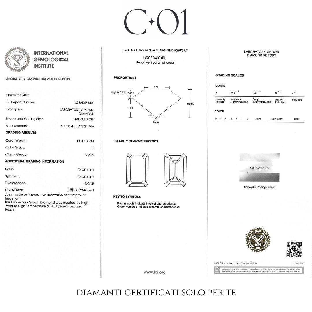Orecchini punto luce in oro bianco con diamante lab-grown taglio smeraldo, 2,07 carati.