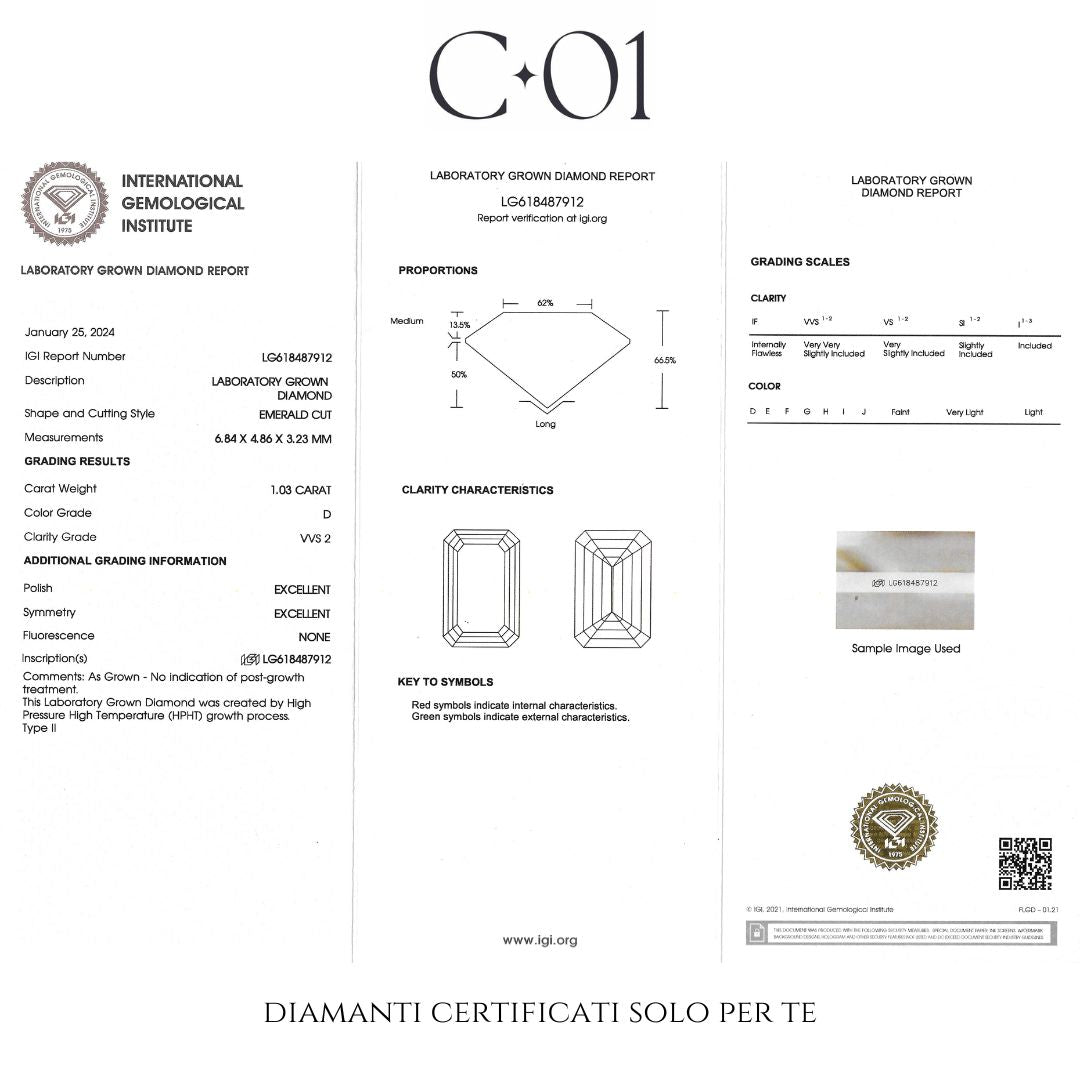 Orecchini punto luce in oro bianco con diamante lab-grown taglio smeraldo, 2,07 carati.