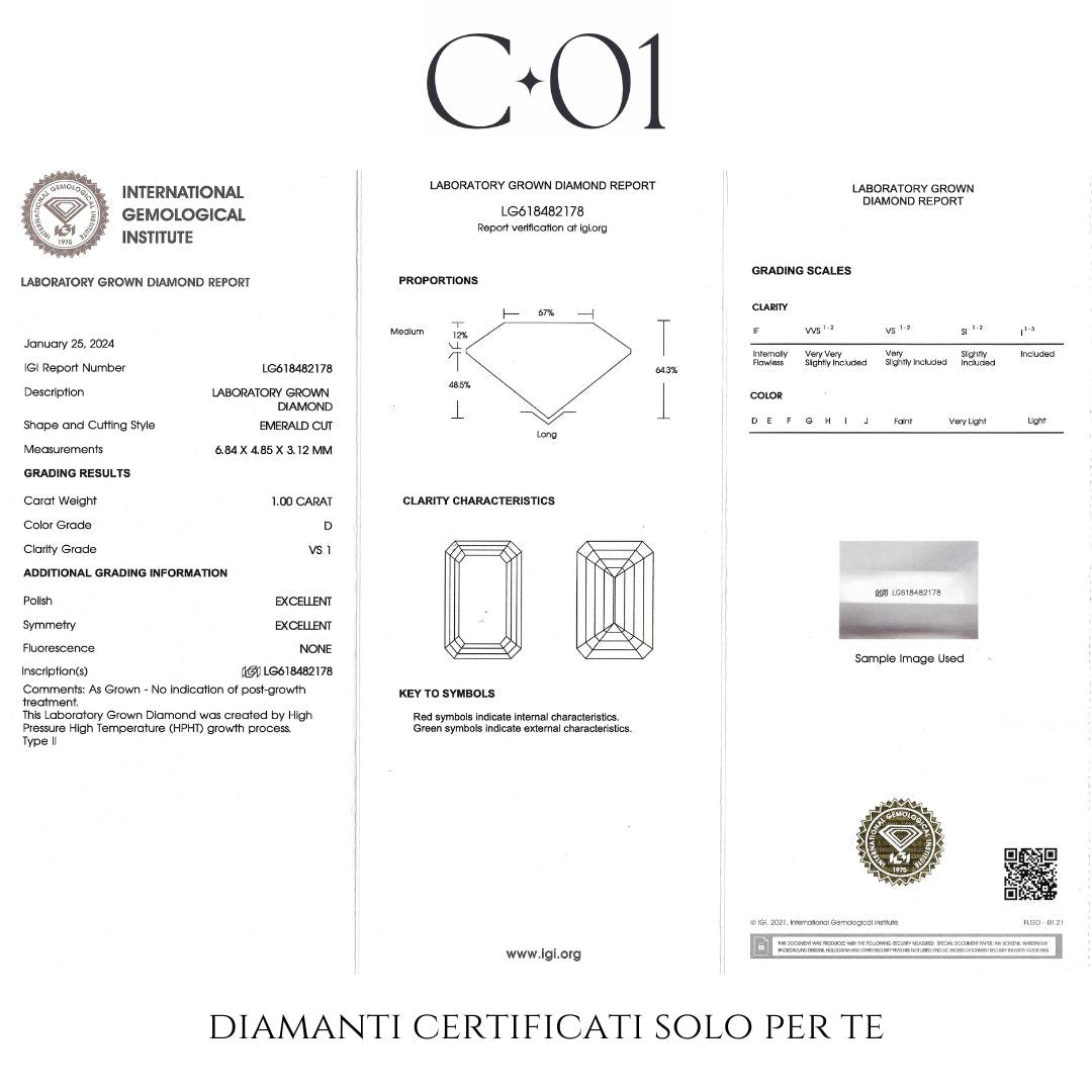 Solitario in oro bianco con diamante lab-grown taglio smeraldo, 1,00 carati.