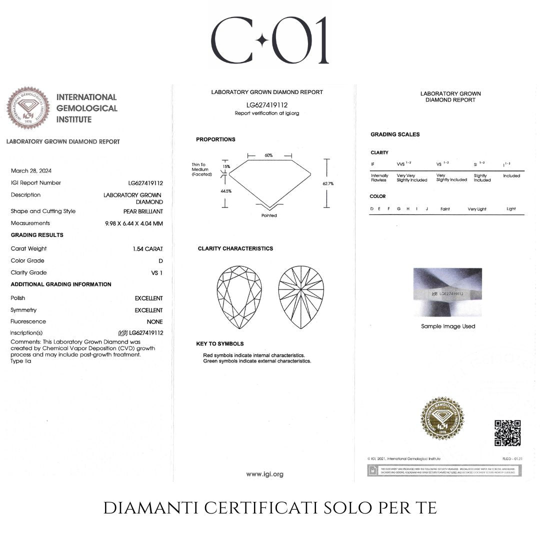 Solitaire in white gold with a 1.54 carat pear-cut lab-grown diamond.