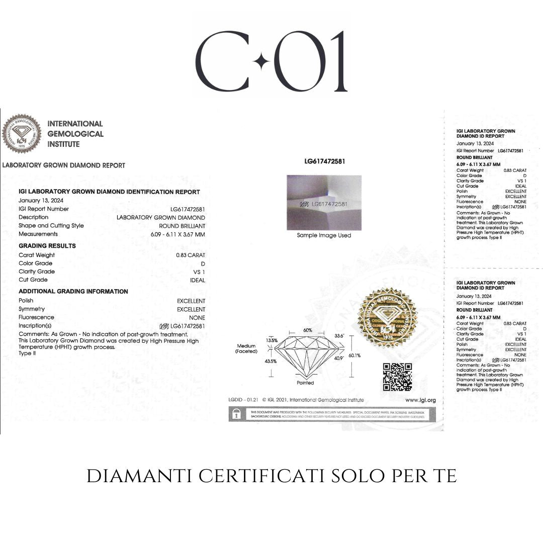 Solitario in oro bianco con diamanti lab-grown taglio brillante sul gambo, 1,08 carati.