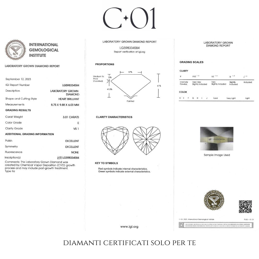 Solitaire with heart-cut lab-grown diamond, 3.01 carats.