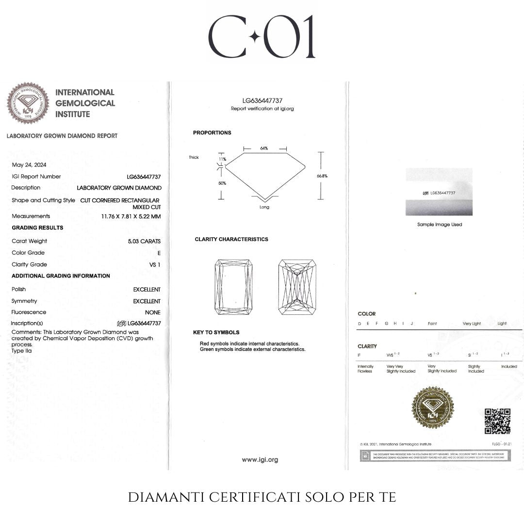 Solitario in oro bianco con diamanti lab-grown taglio Smeraldo e taper, 5,85 carati.