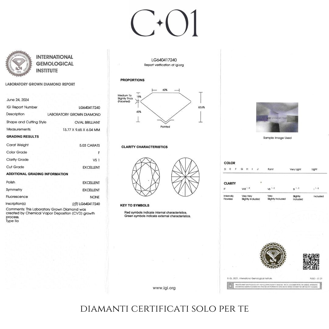 Solitario in oro bianco con diamante lab-grown taglio ovale, 5,03 carati.