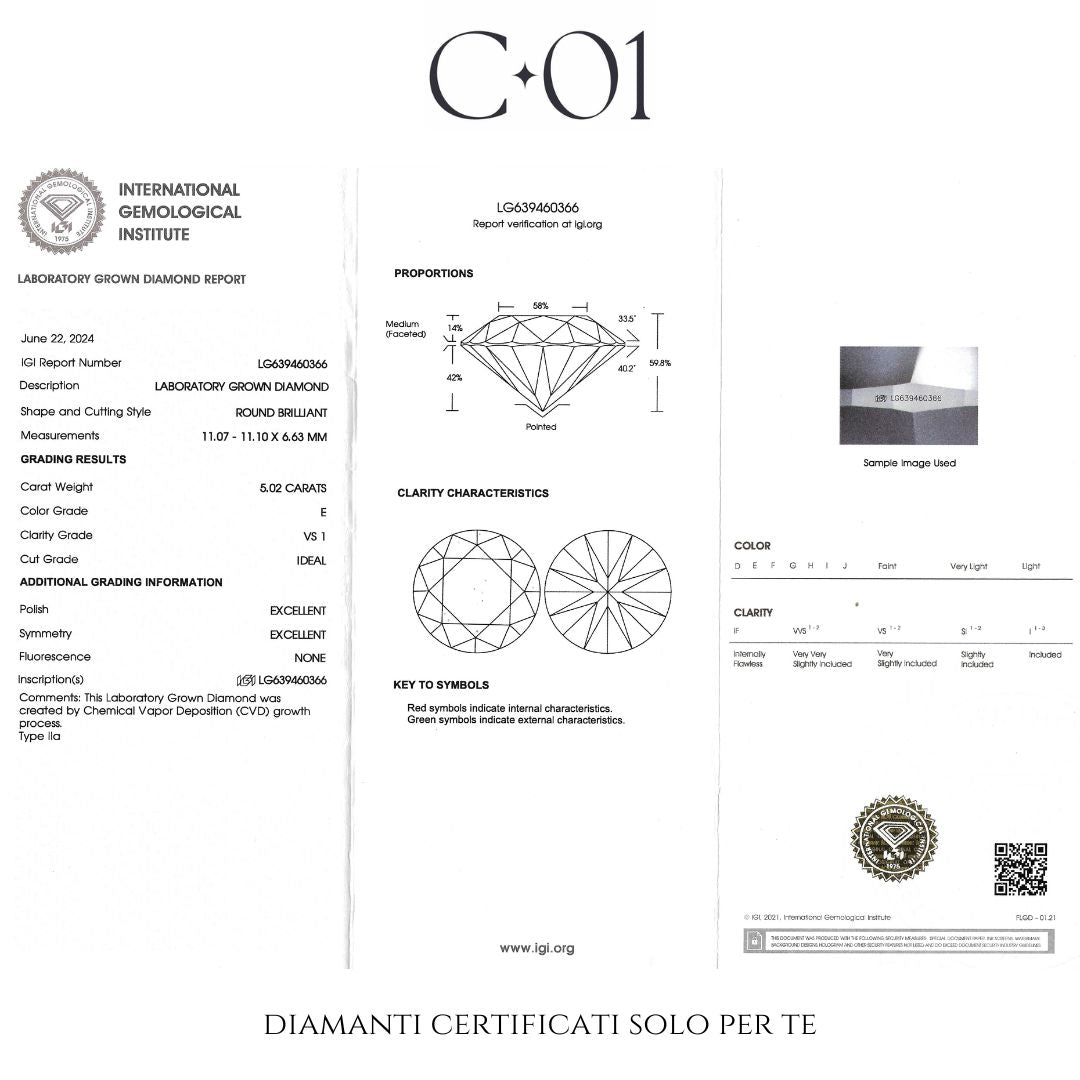 Solitario in oro bianco con diamanti lab-grown taglio brillante e taper, 5,63 carati.