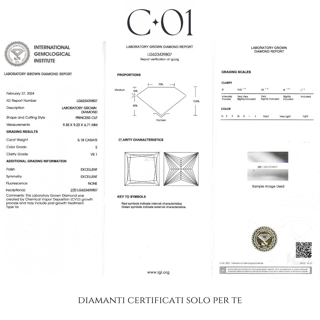 Solitario in oro bianco con diamante lab-grown taglio princess, 5,18 carati.