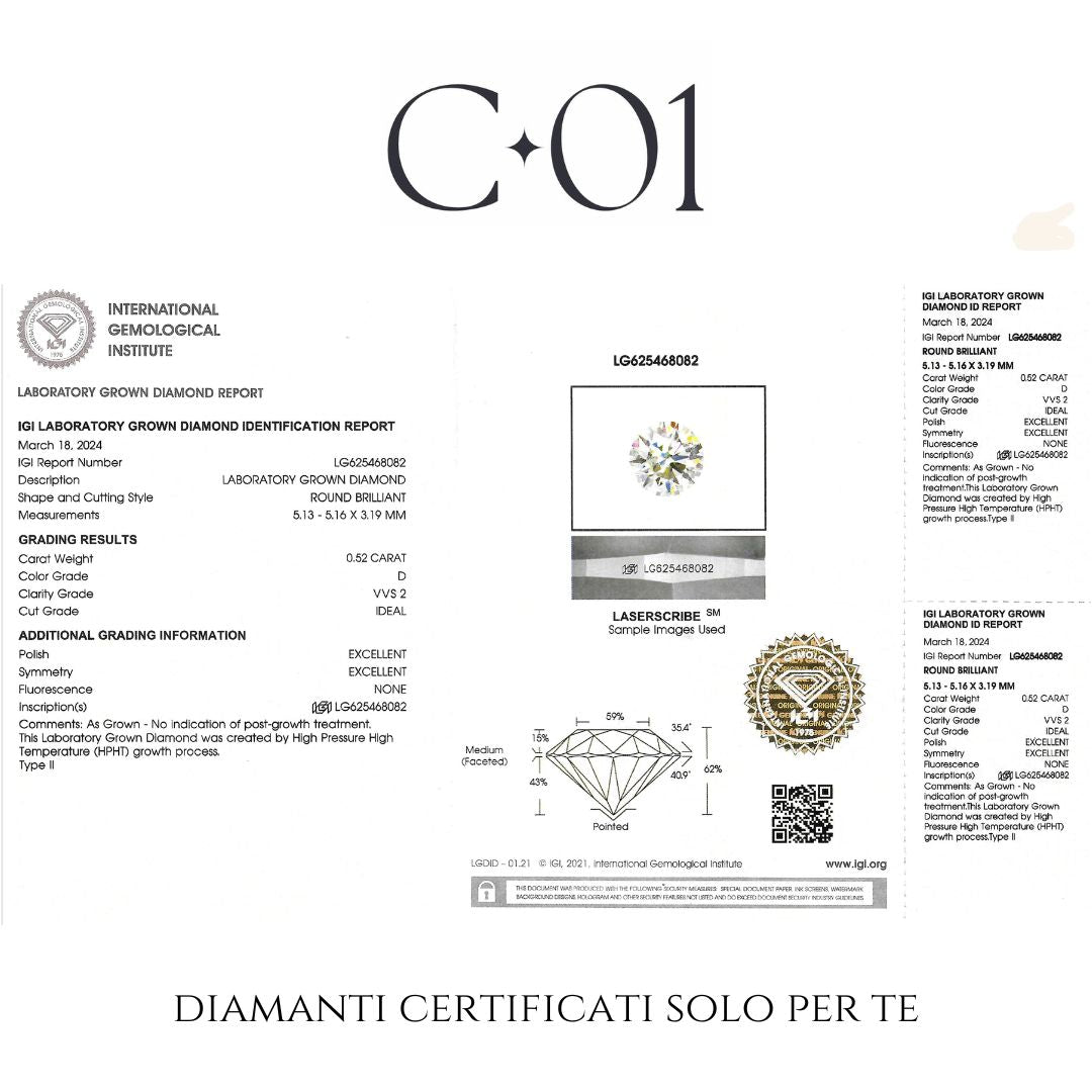 Solitario con contorno in oro bianco e diamanti lab-grown taglio brillante, 0,62 carati.