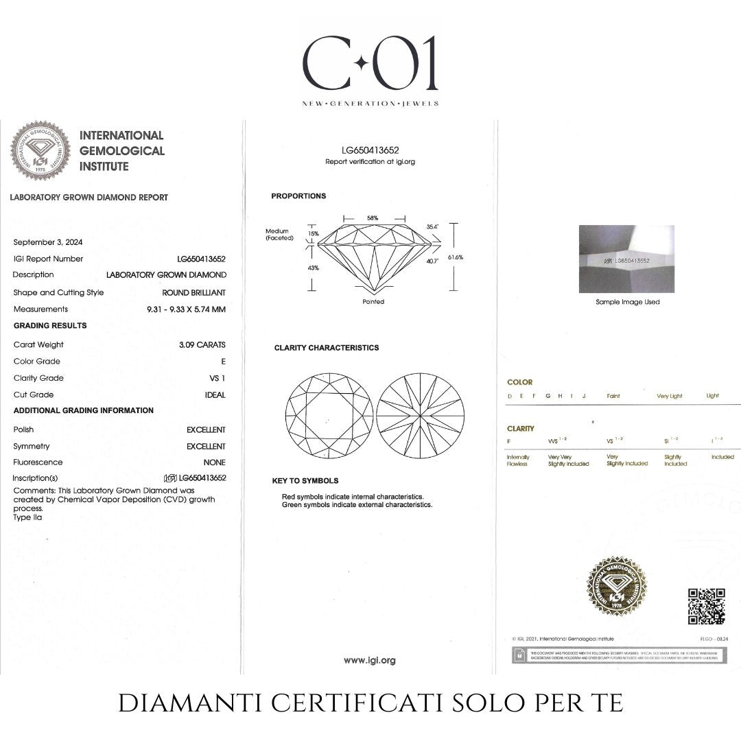 Solitario in oro bianco con diamanti lab-grown taglio brillante e taper, 3,46 carati.