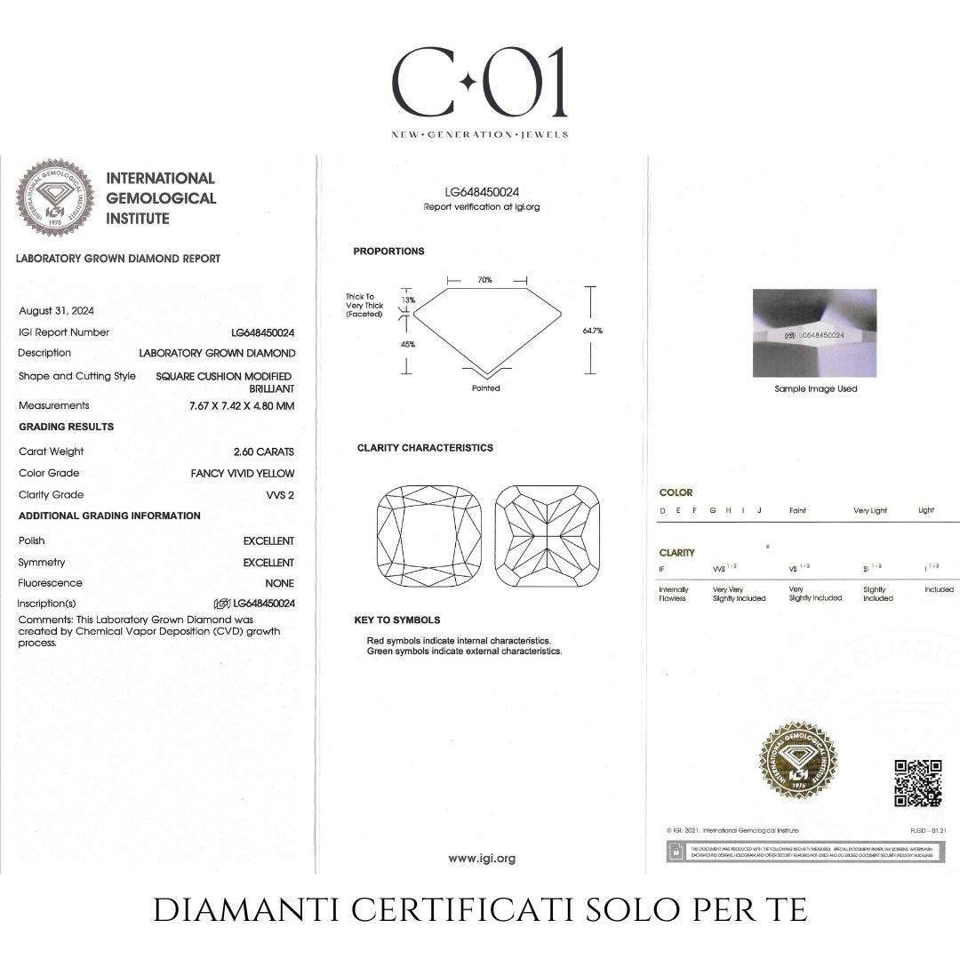 Trilogy in oro bianco e diamante lab-grown taglio cuscino fancy yellow e taglio goccia, 3,15 carati.