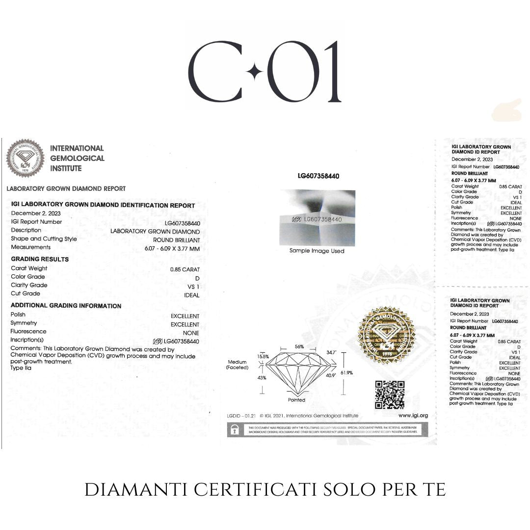 Solitario in oro bianco con diamanti lab-grown taglio brillante e taper, 1,03 carati.