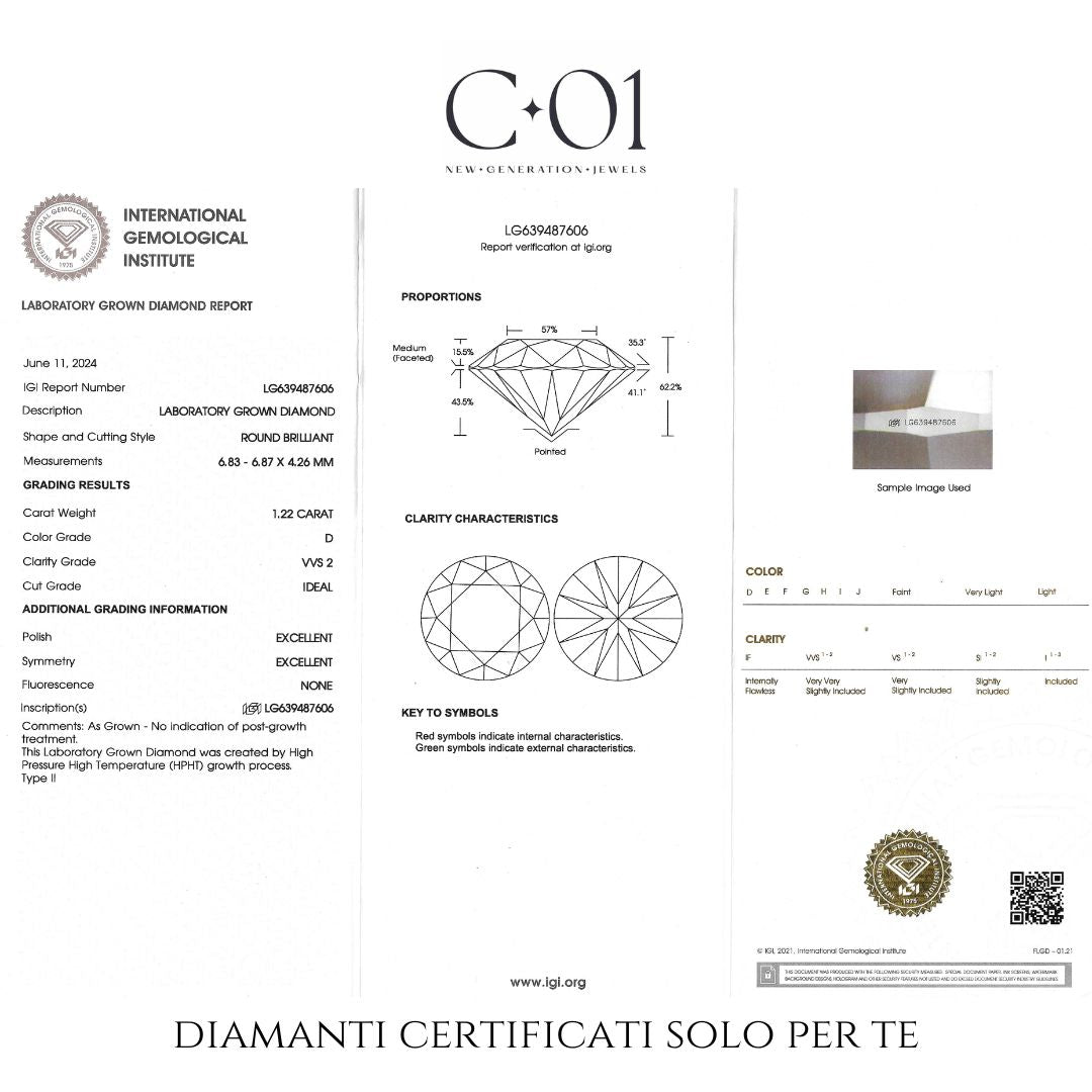 Solitario in oro bianco con diamanti lab-grown taglio brillante e taper, 1,44 carati.
