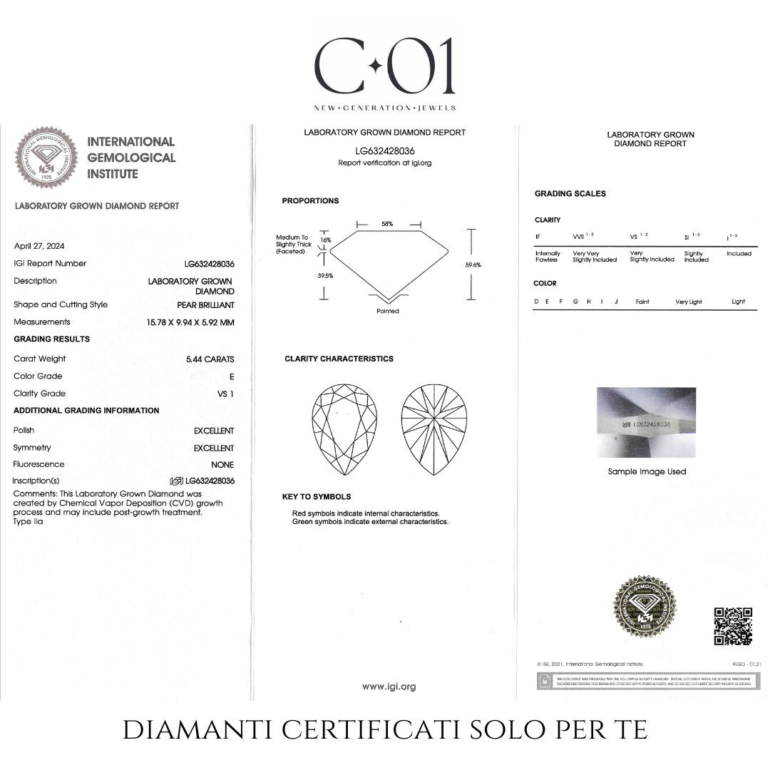 Solitario in oro bianco con diamanti lab-grown taglio Goccia e Brillante, 5,78 carati.