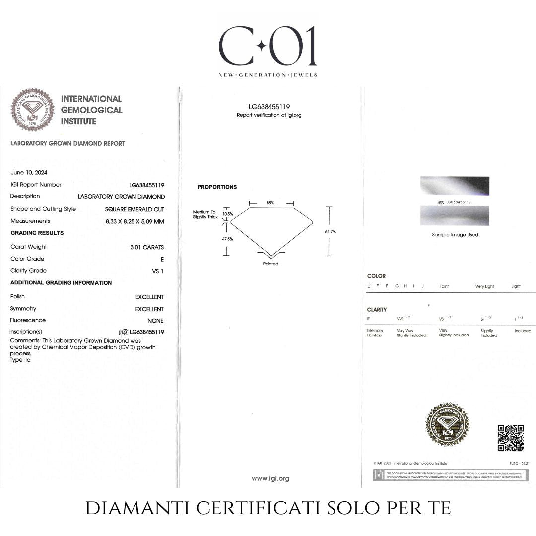 Anello dreams in oro bianco e diamanti lab-grown taglio asscher e taglio brillante, 3,54 carati.