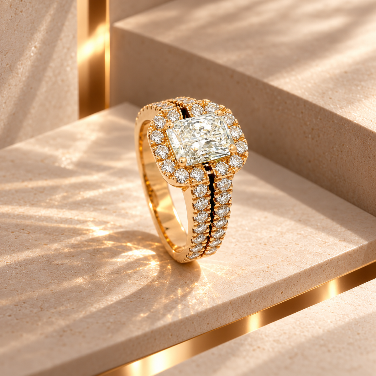 Fancy ring in rose gold with radiant cut lab-grown diamond and brilliant cut lab-grown diamonds, 2.46 carats.