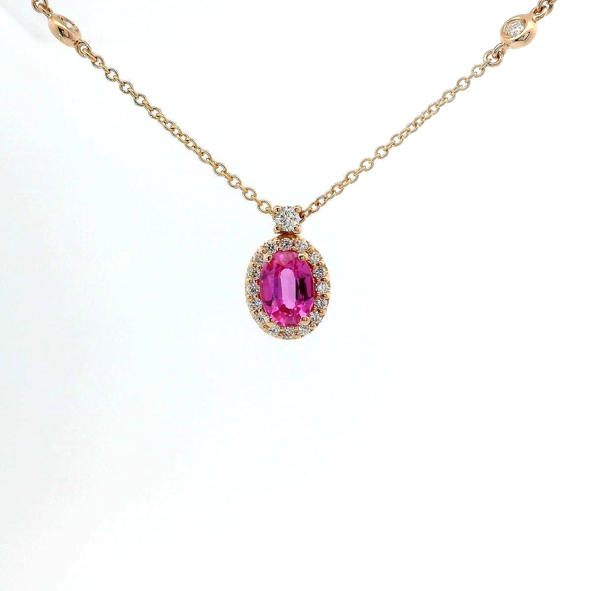 Girocollo in oro rosa con zaffiro rosa Lab-Grown e diamanti Lab-Grown taglio brillante.