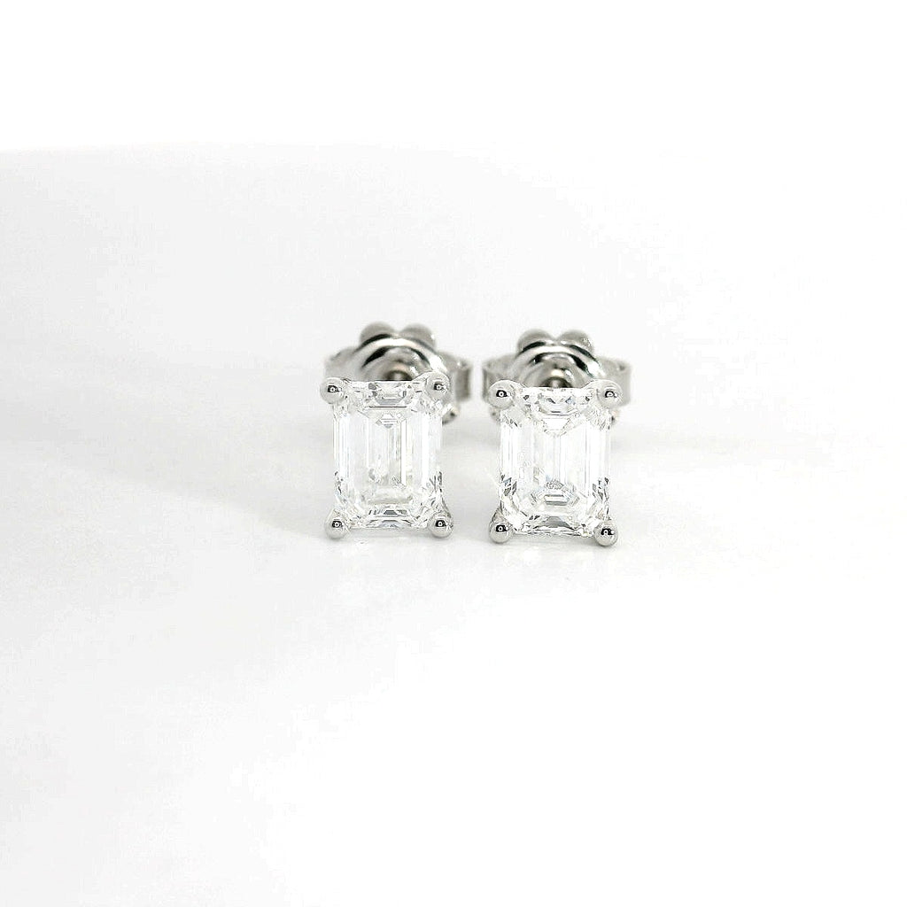 White gold stud earrings with emerald-cut lab-grown diamond, 2.07 carats.