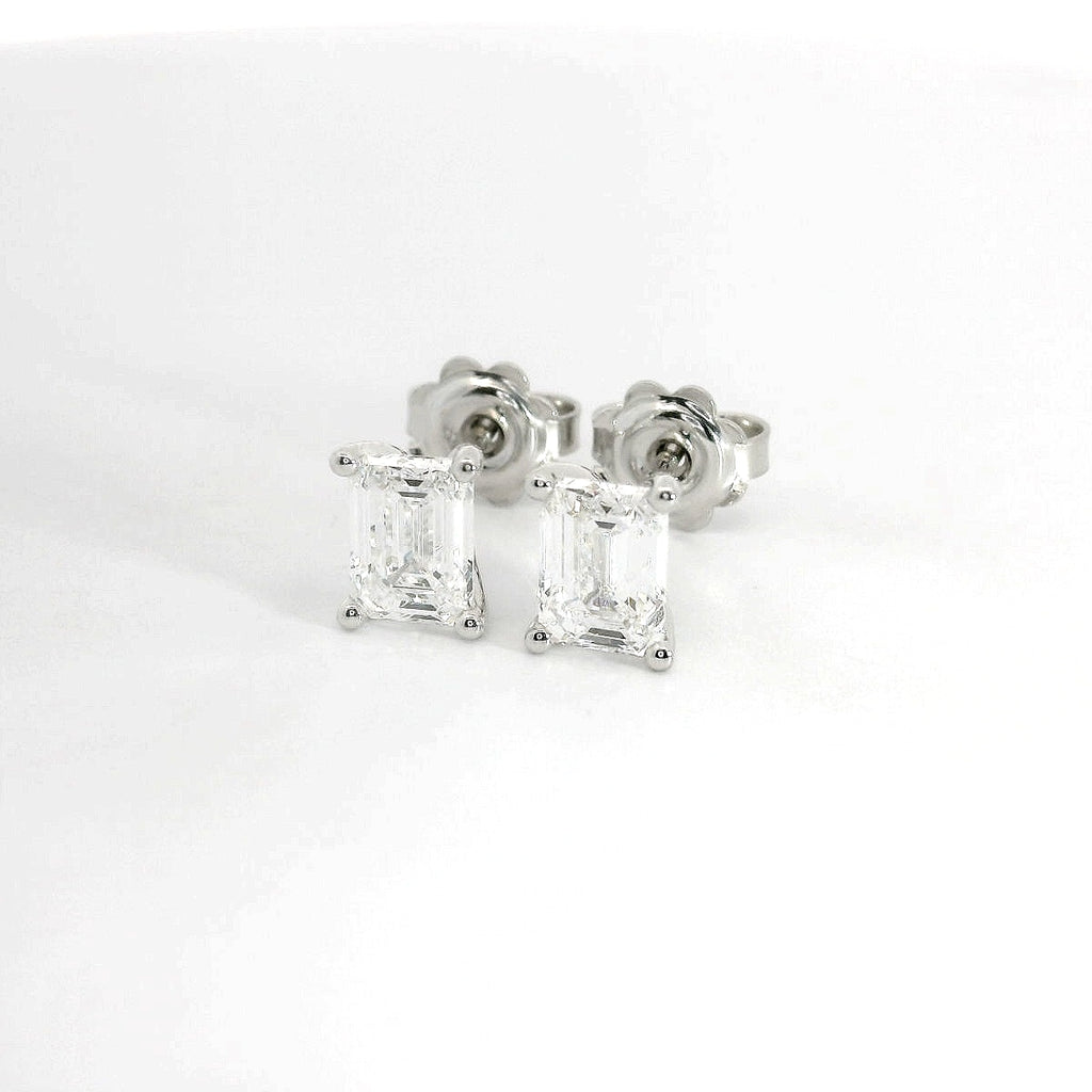 White gold stud earrings with emerald-cut lab-grown diamond, 2.07 carats.
