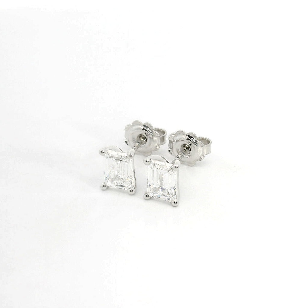 White gold stud earrings with emerald-cut lab-grown diamond, 2.07 carats.