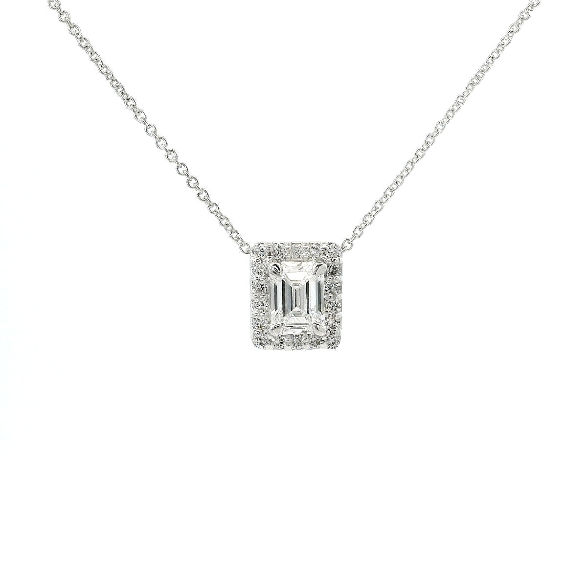 Girocollo in oro bianco con diamante lab-grown taglio smeraldo con contorno di diamanti lab-grown taglio brillante 0,85 carati.