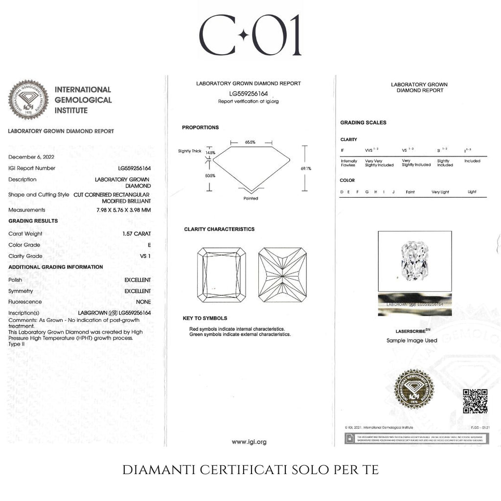 Solitaire with radiant cut lab-grown diamond and brilliant cut lab-grown diamonds on the shank, 3.81 carats.