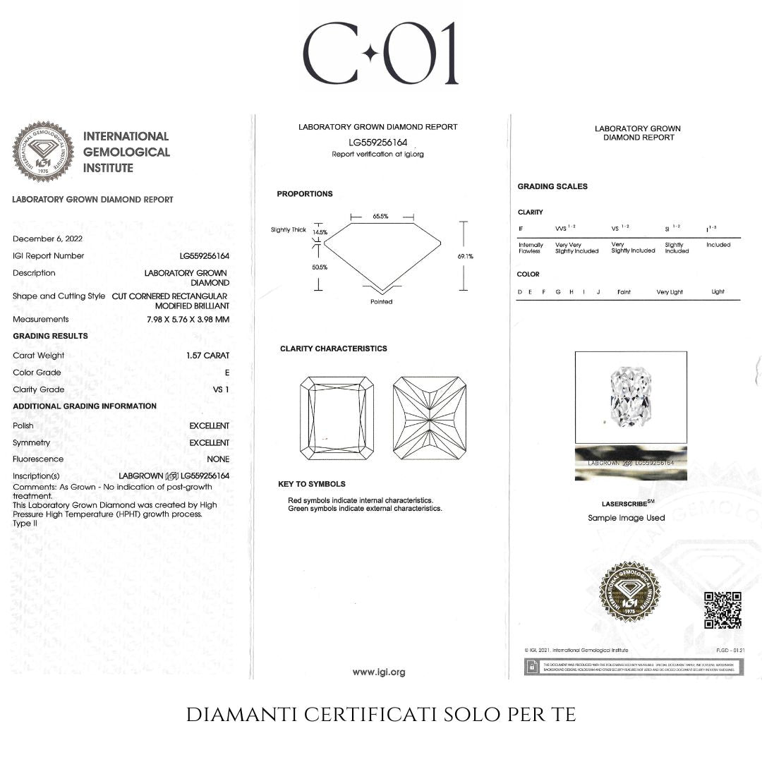 Solitario con diamante lab-grown taglio radiant e diamanti lab-grown taglio brillante sul gambo, 3,81 carati.