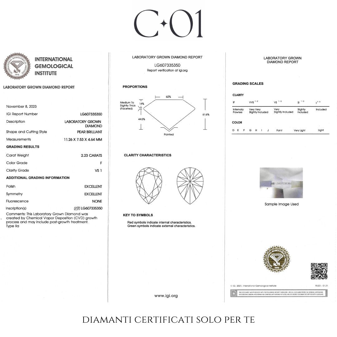 Solitario in oro bianco con diamanti lab-grown taglio Goccia e Taper, 2,59 carati.