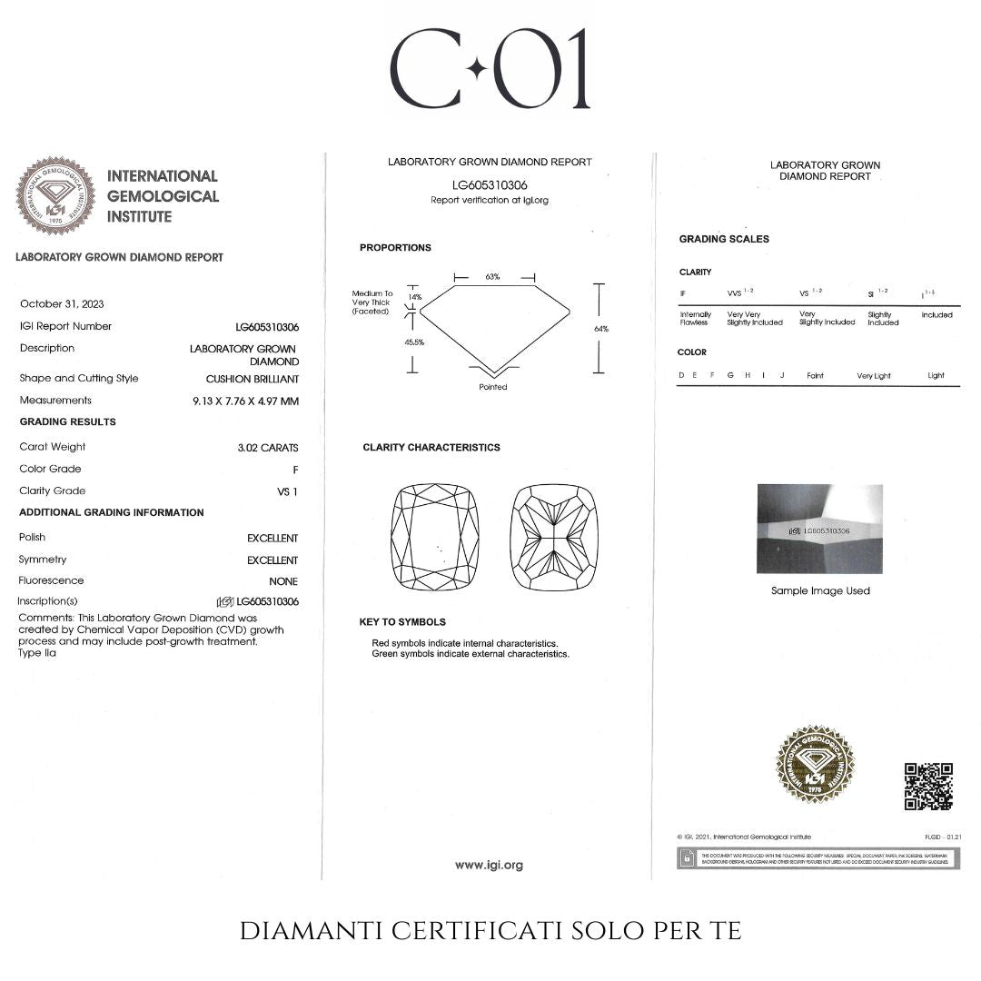 Trilogy con diamante lab-grown taglio cuscino e due diamanti lab-grown taglio goccia, 3,90 carati.