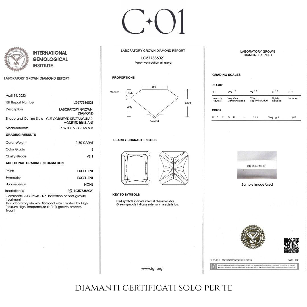 Solitario Aurea in oro giallo con diamante lab-grown taglio radiant, 1,30 carati.