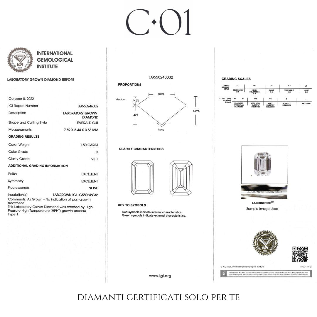 Solitario Aurea in oro giallo con diamante lab-grown taglio smeraldo, 1,50 carati.