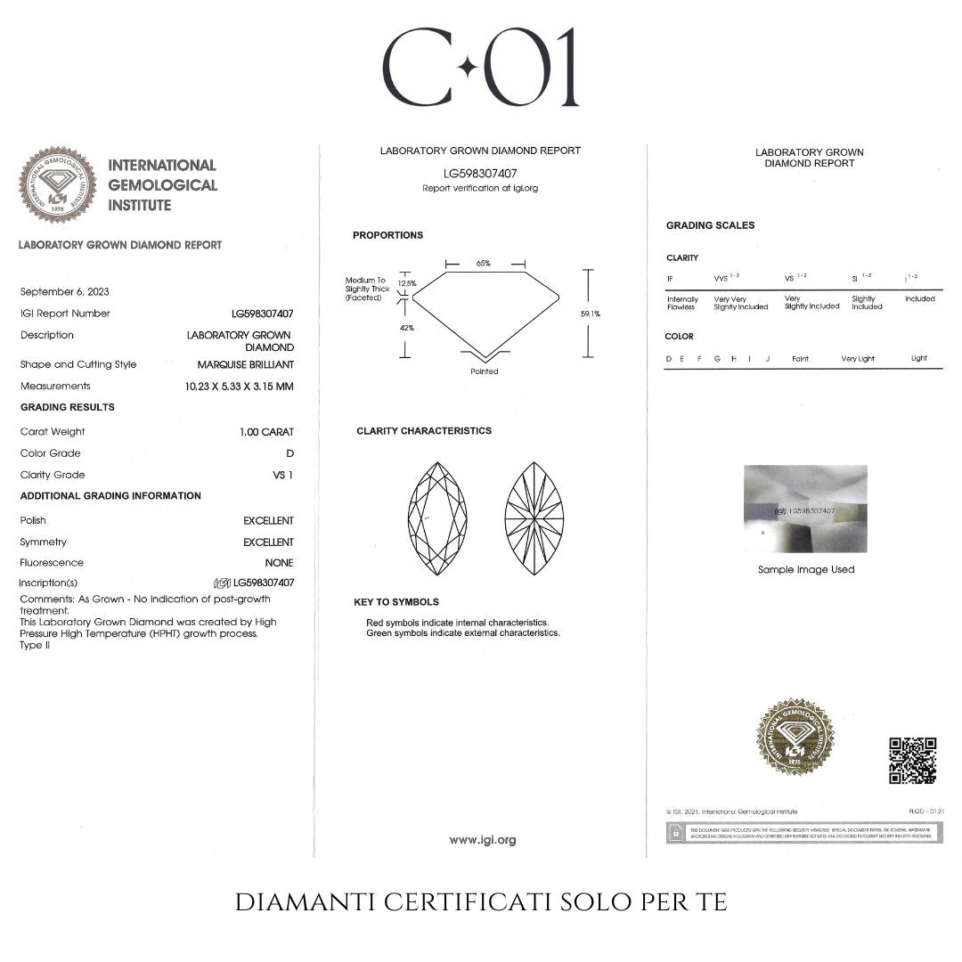Solitario Aurea in oro giallo con diamante lab-grown taglio marquise, 1,00 carati.