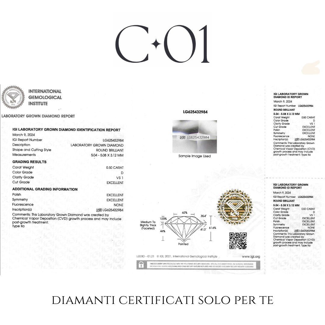 Solitario in oro giallo con diamante lab-grown taglio brillante, 0,50 carati.