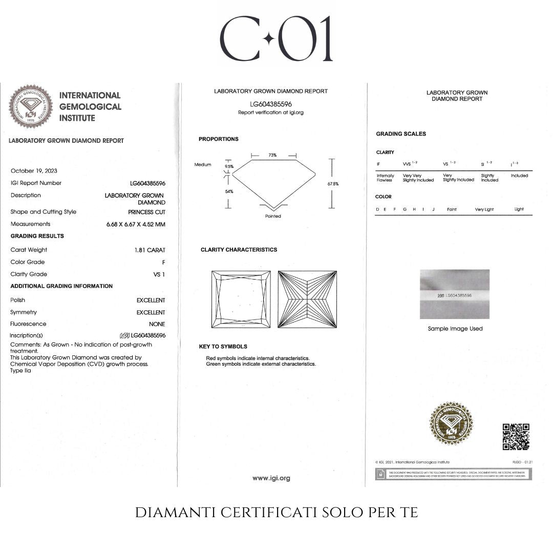 Anello Fancy in oro bianco con diamanti lab-grown taglio princess e brillante, 2,49 carati.