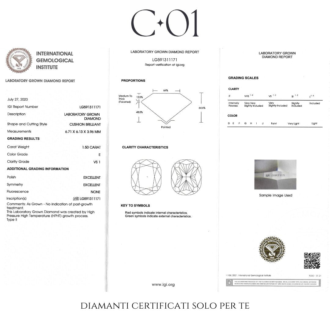 Anello Fancy in oro rosa con diamanti lab-grown taglio cuscino e brillante, 2,03 carati.