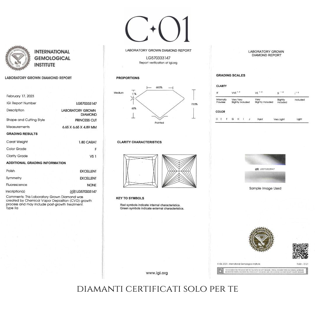 Anello Fancy in oro rosa con diamanti lab-grown taglio princess e brillante, 2,47 carati.