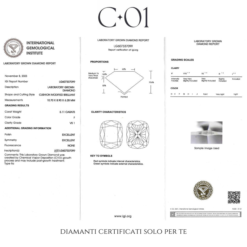 Solitaire in white gold with cushion-cut lab-grown diamond, 5.11 carats.