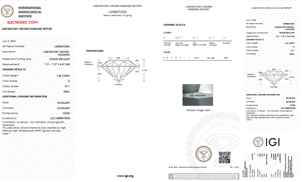 Solitario in oro bianco con diamante Lab-Grown taglio brillante, 1,44 carati.